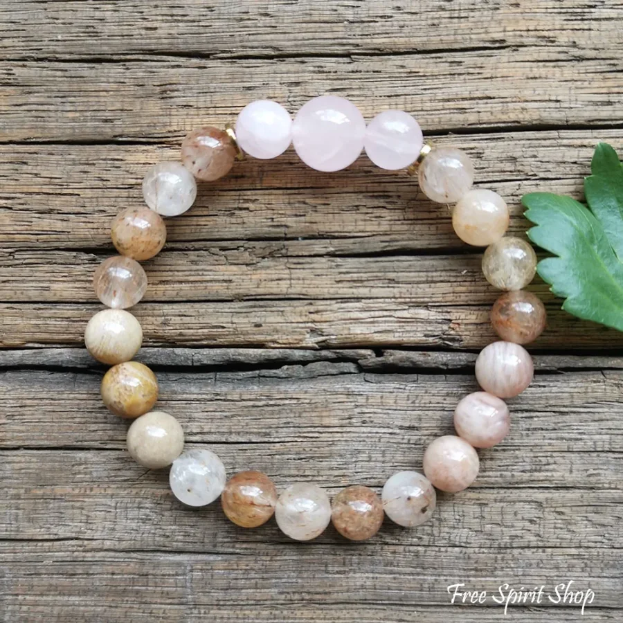 108 Natural Sunstone Rutilated Quartz & Rose Quartz Mala Bead Necklace / Bracelet - Image 7