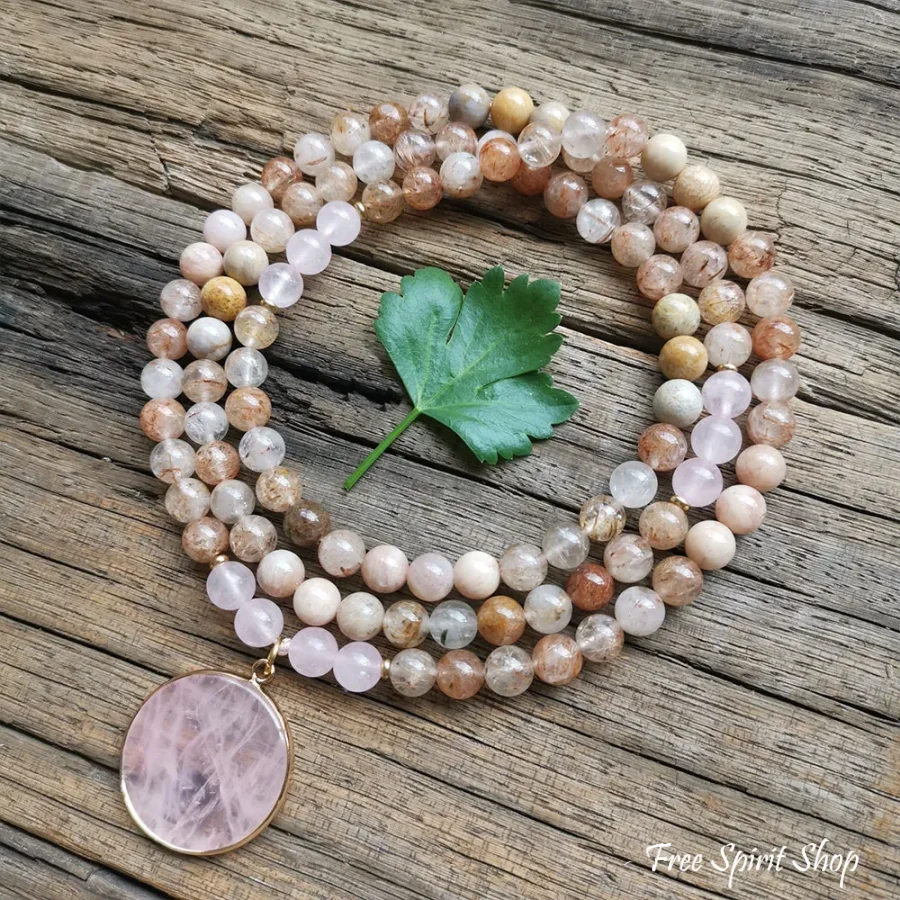 108 Natural Sunstone Rutilated Quartz & Rose Quartz Mala Bead Necklace / Bracelet - Image 8