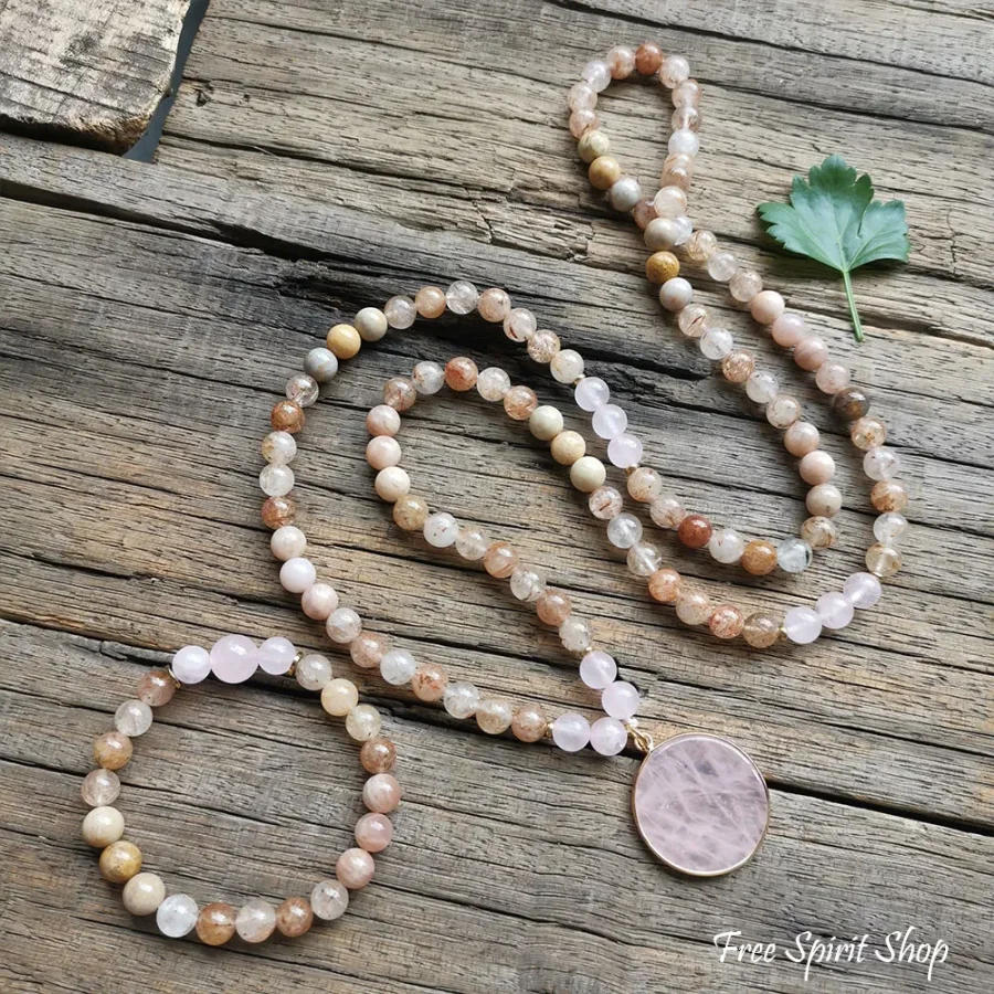 108 Natural Sunstone Rutilated Quartz & Rose Quartz Mala Bead Necklace / Bracelet - Image 9