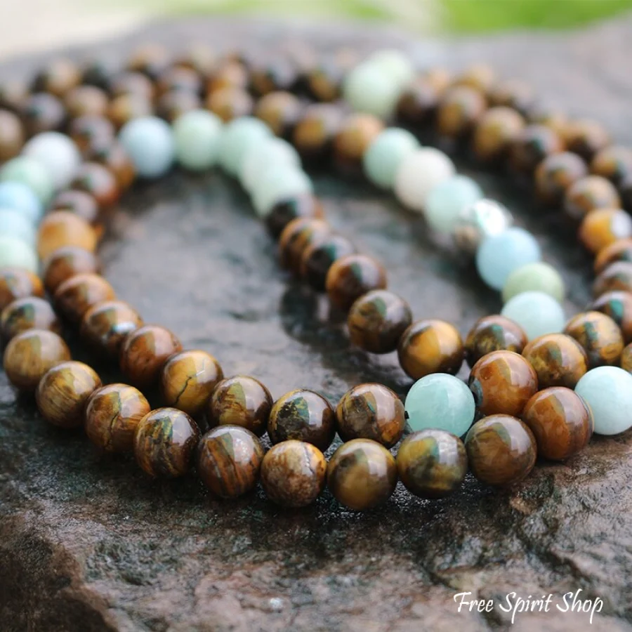 108 Natural Tiger Eye & Aquamarine Mala Bead Necklace - Image 3