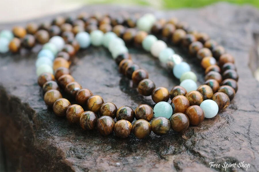 108 Natural Tiger Eye & Aquamarine Mala Bead Necklace - Image 4