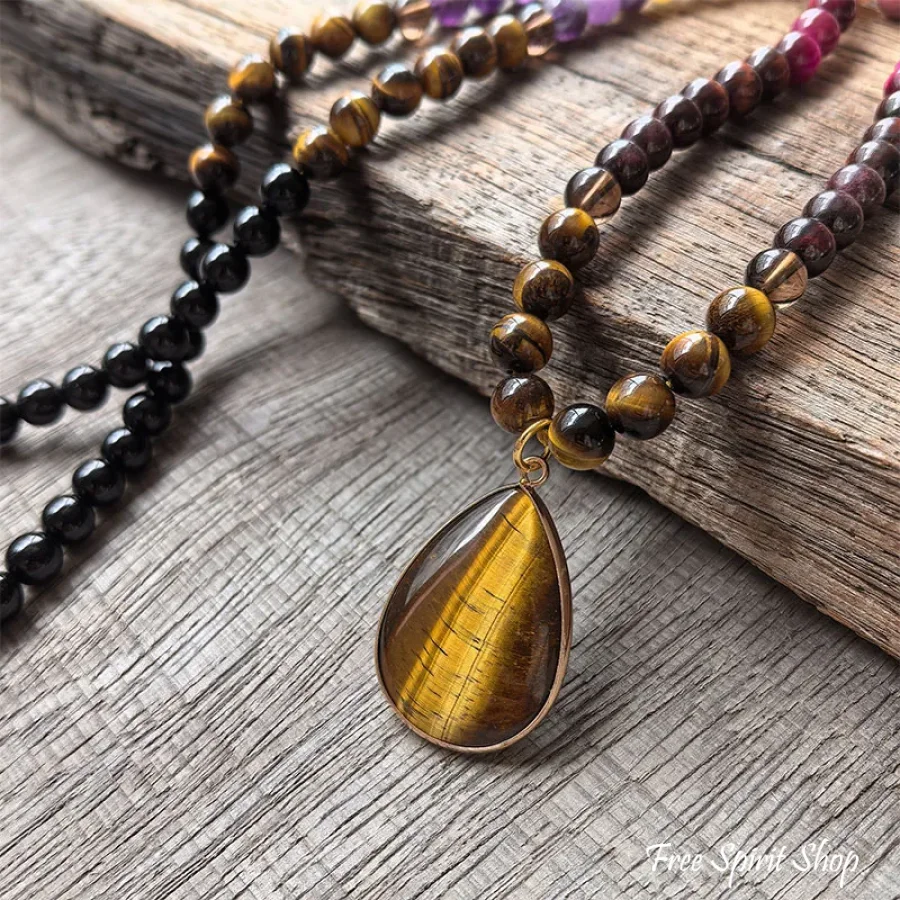 108 Natural Tiger eye, Citrine, Garrnet, Sunstone & Amethyst Mala Bead Necklace - Image 3