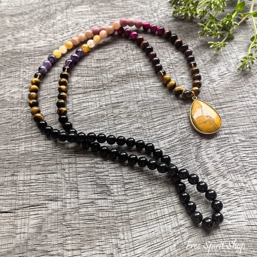 108 Natural Tiger eye, Citrine, Garrnet, Sunstone & Amethyst Mala Bead Necklace - Image 5