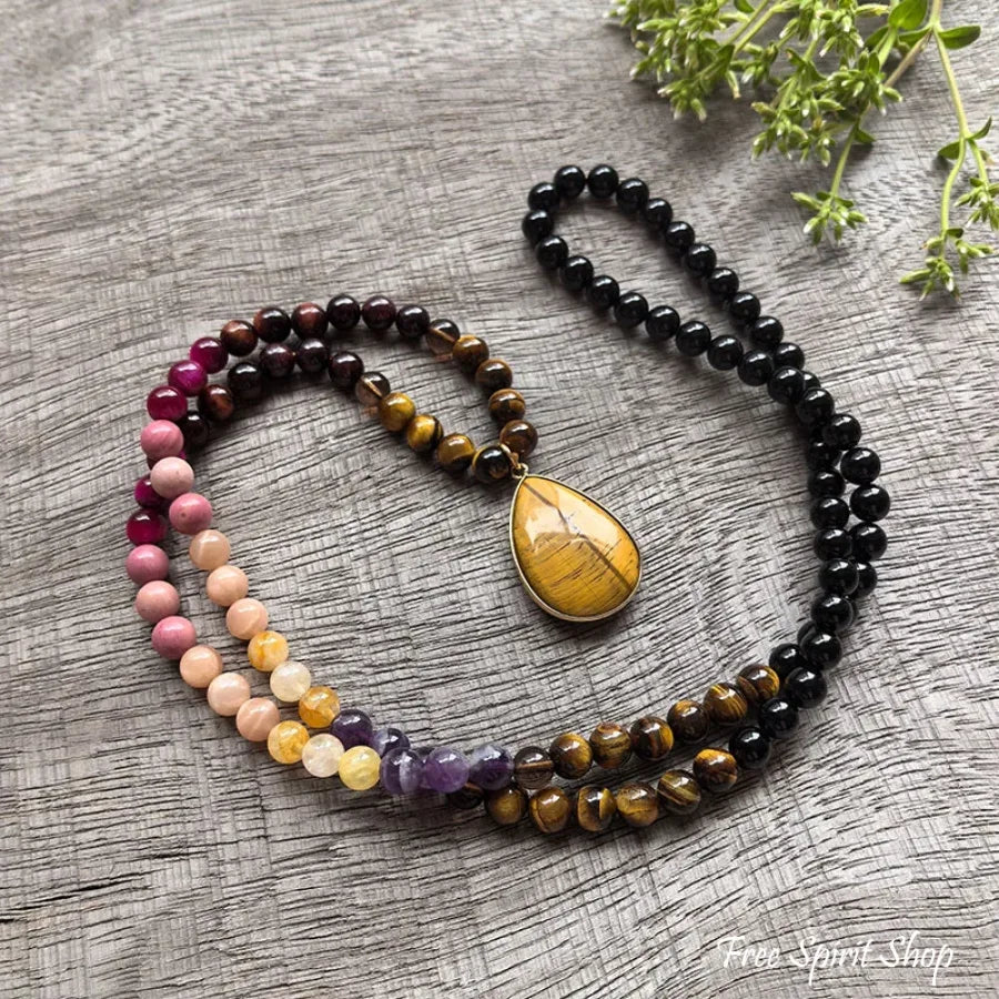 108 Natural Tiger eye, Citrine, Garrnet, Sunstone & Amethyst Mala Bead Necklace - Image 6