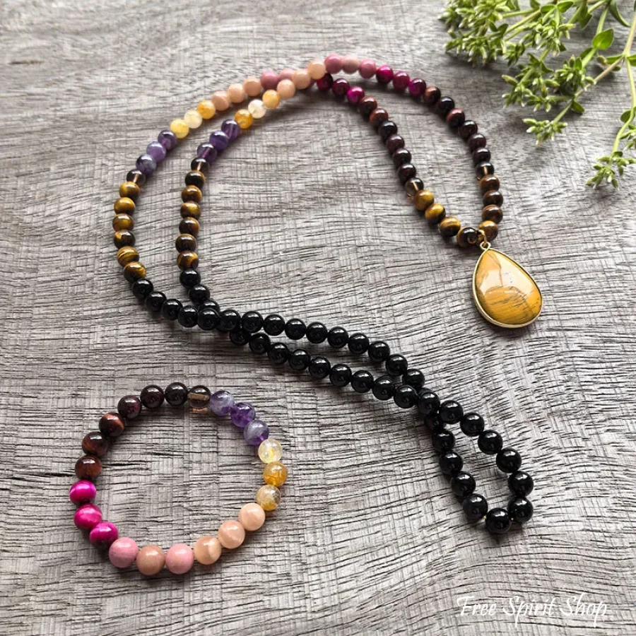 108 Natural Tiger eye, Citrine, Garrnet, Sunstone & Amethyst Mala Bead Necklace - Image 8
