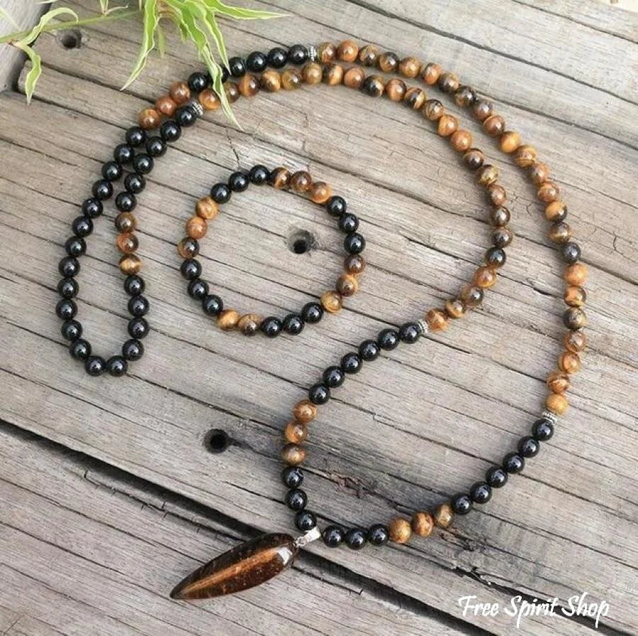 108 Natural Tiger Eye & Black Onyx Mala Beads Necklace / Bracelet - Image 2