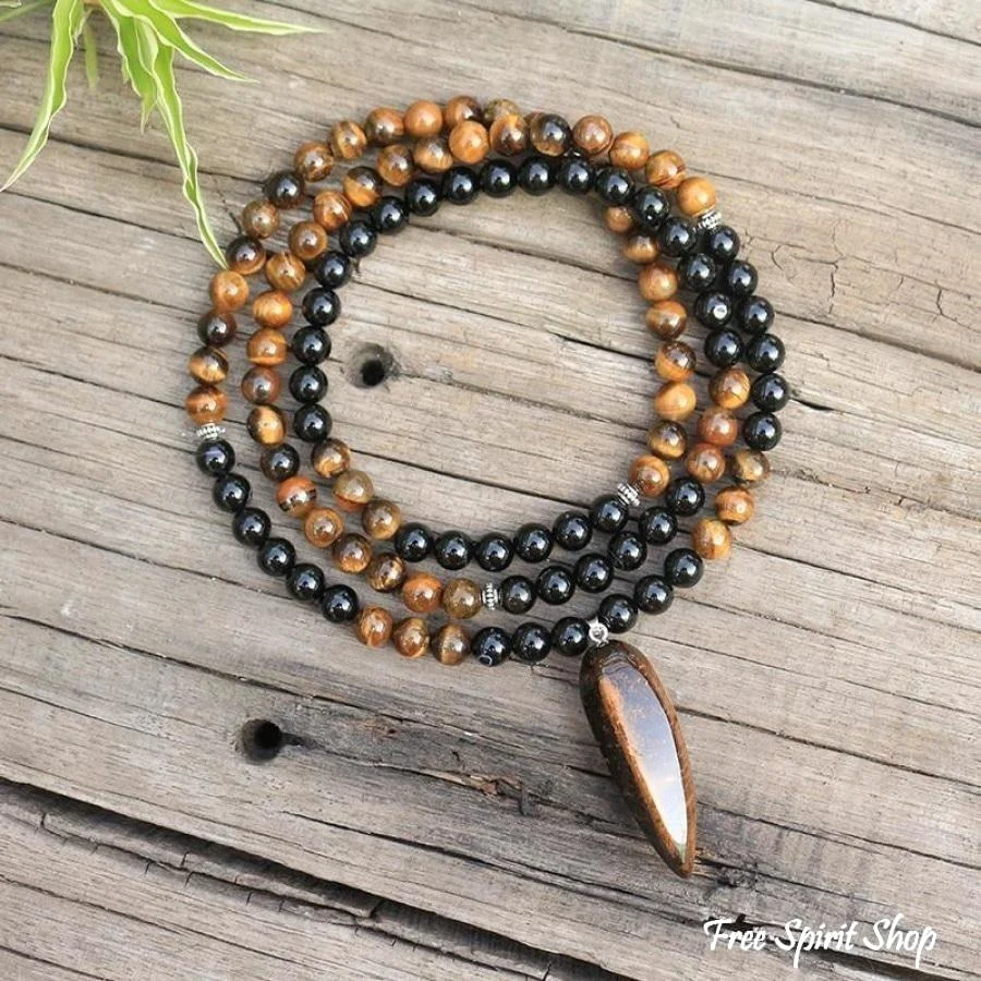 108 Natural Tiger Eye & Black Onyx Mala Beads Necklace / Bracelet - Image 3
