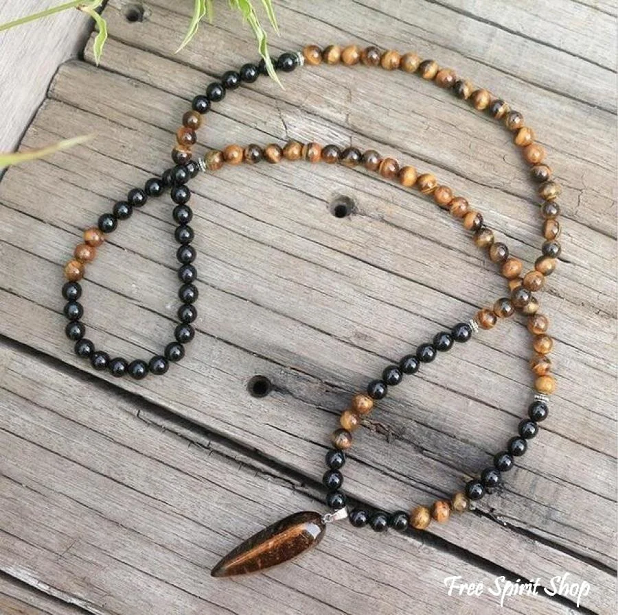 108 Natural Tiger Eye & Black Onyx Mala Beads Necklace / Bracelet - Image 5
