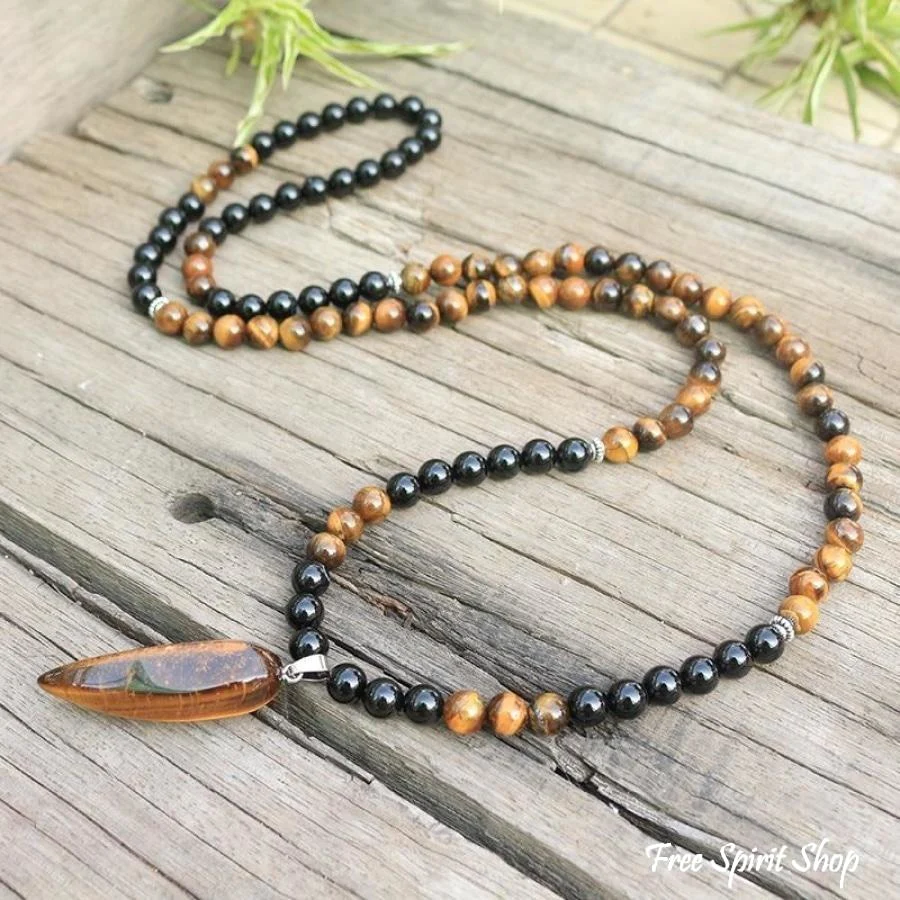 108 Natural Tiger Eye & Black Onyx Mala Beads Necklace / Bracelet - Image 6