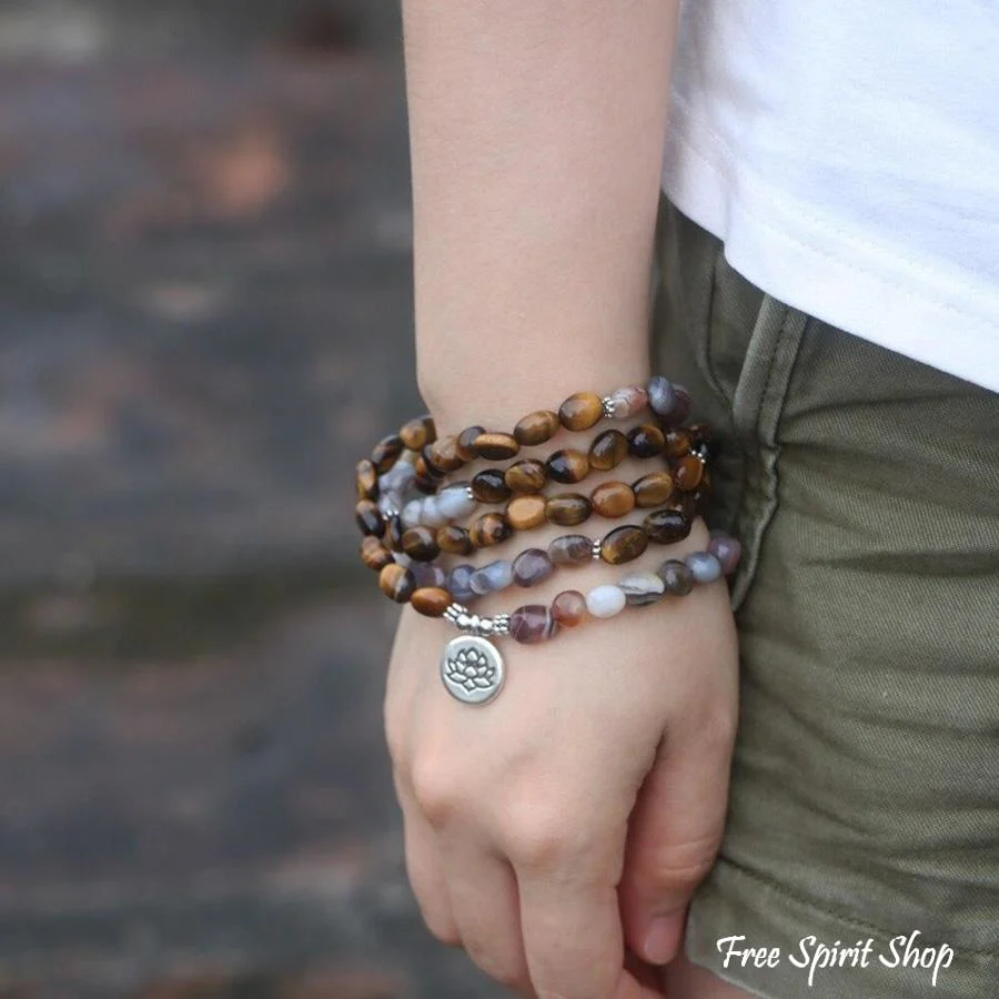 108 Natural Tiger Eye & Botswana Agate Mala Beads - Image 2