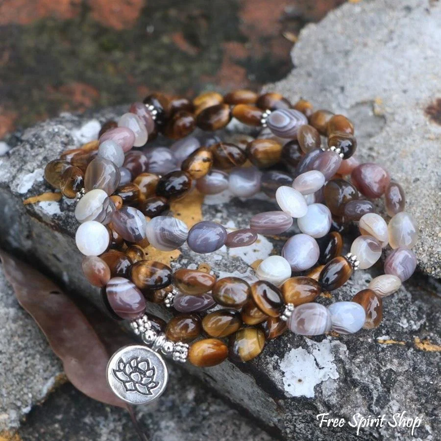 108 Natural Tiger Eye & Botswana Agate Mala Beads - Image 4