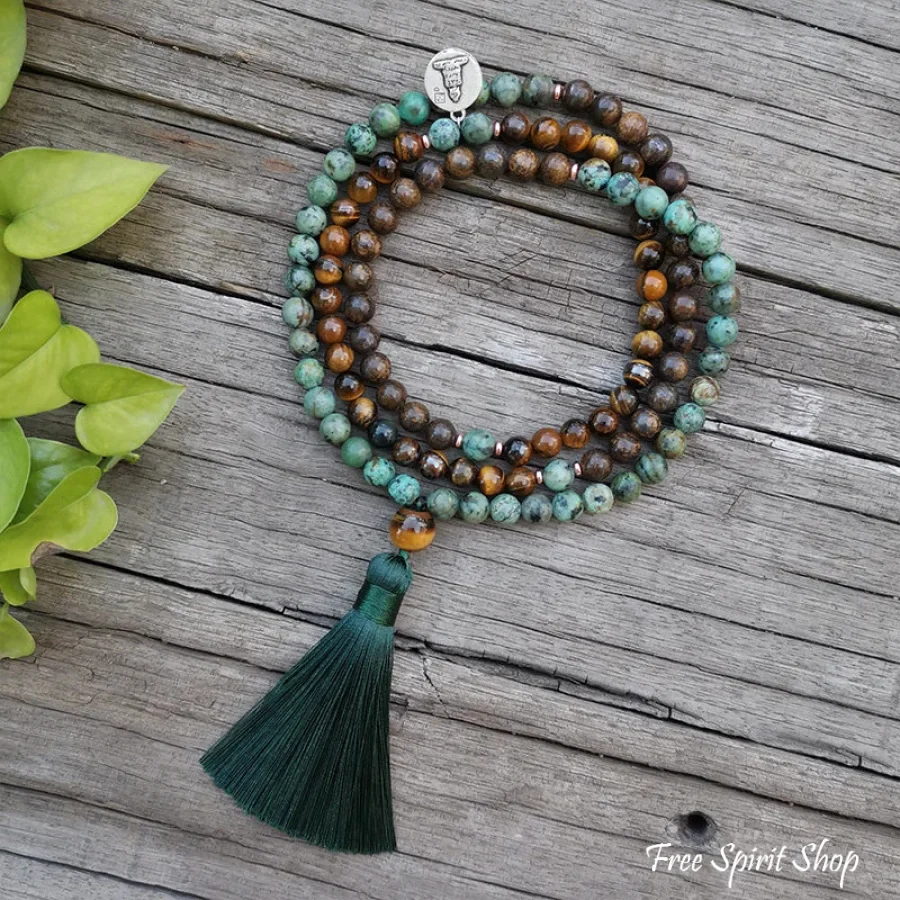 108 Natural Tiger Eye Bronzite & African Turquoise Mala Beads - Image 2