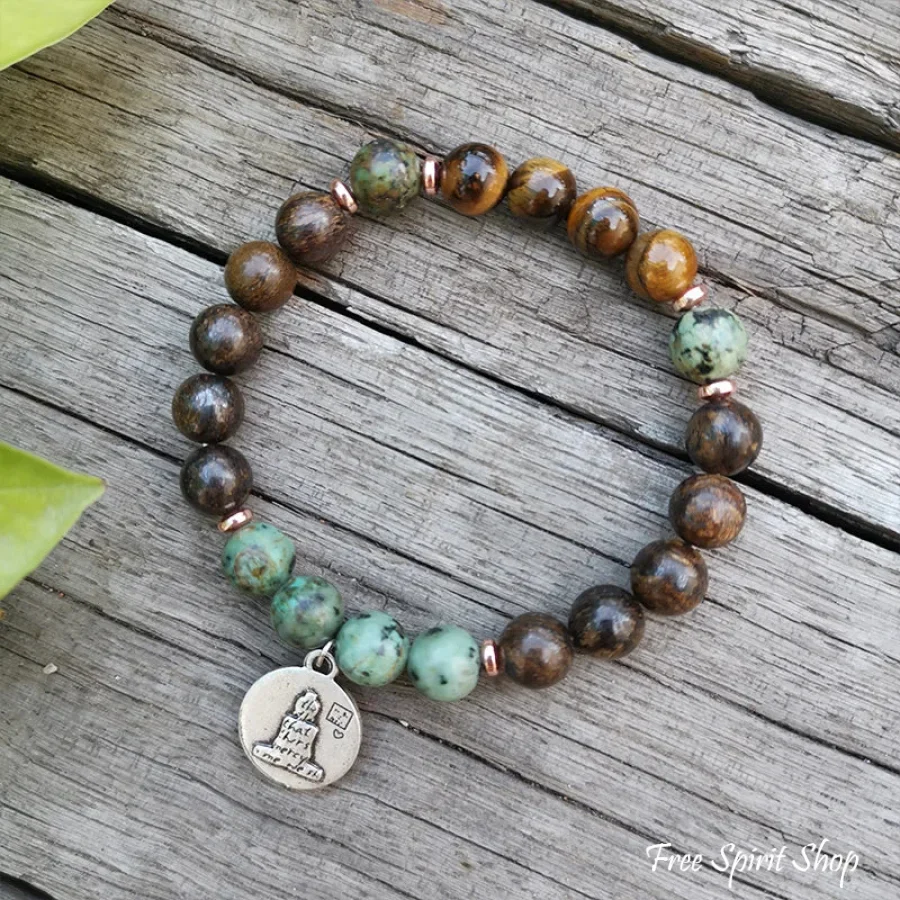 108 Natural Tiger Eye Bronzite & African Turquoise Mala Beads - Image 3