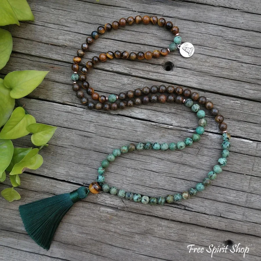 108 Natural Tiger Eye Bronzite & African Turquoise Mala Beads - Image 4
