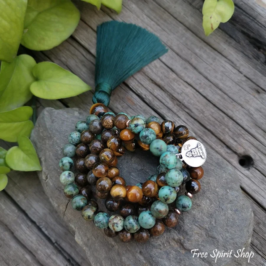 108 Natural Tiger Eye Bronzite & African Turquoise Mala Beads - Image 5