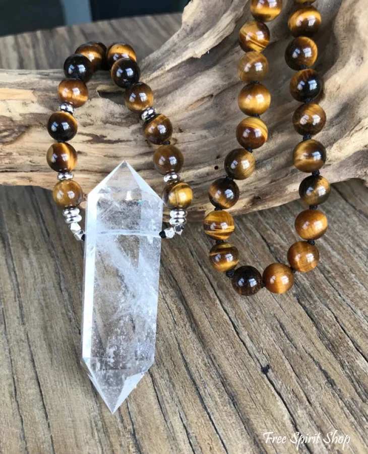 108 Natural Tiger Eye & Clear Quartz Wandpoint Mala Bead Necklace - Image 3