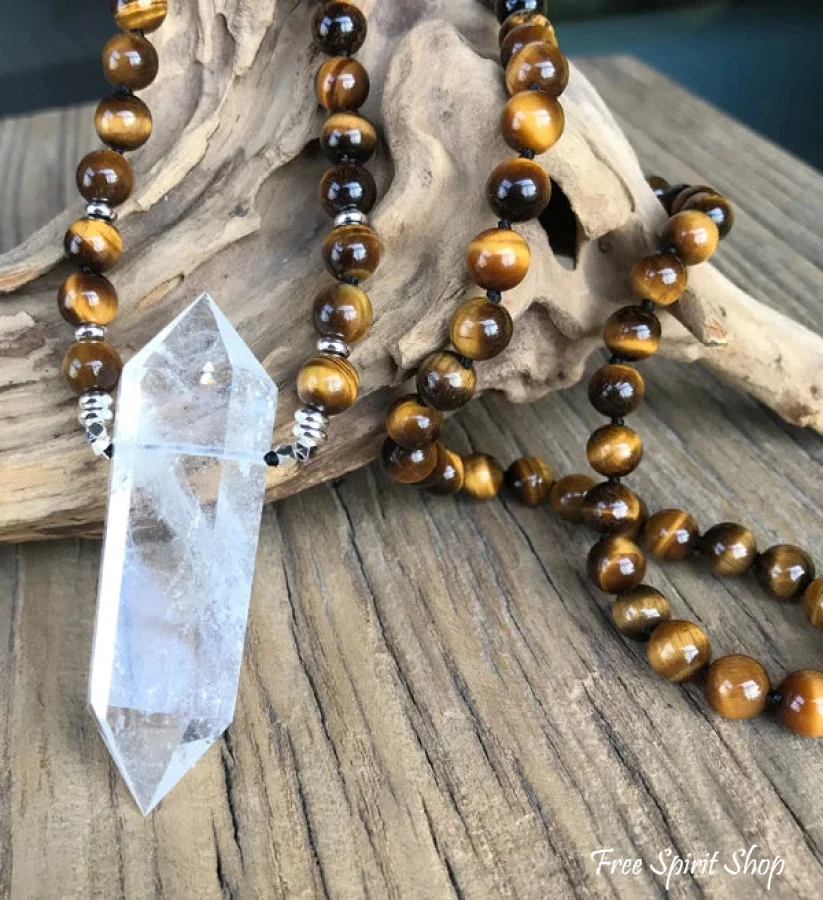 108 Natural Tiger Eye & Clear Quartz Wandpoint Mala Bead Necklace - Image 4
