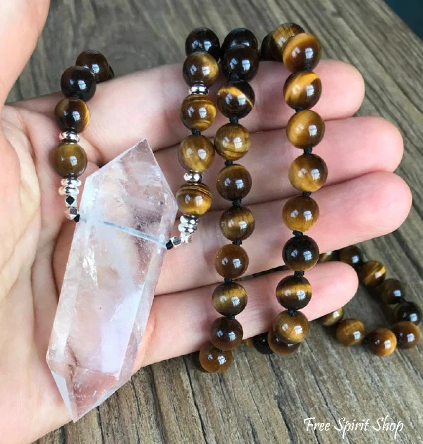 108 Natural Tiger Eye & Clear Quartz Wandpoint Mala Bead Necklace - Image 5