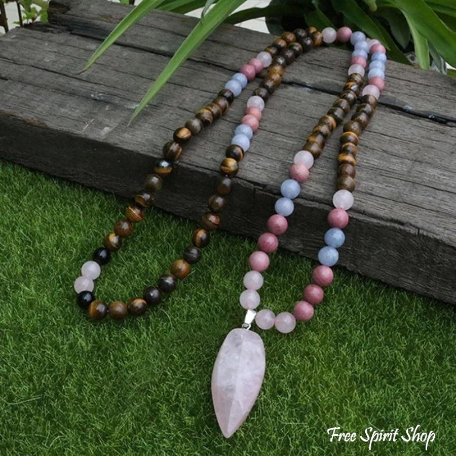 108 Natural Tiger Eye Rose Quartz Rhodonite Mala Bead Necklace - Image 3