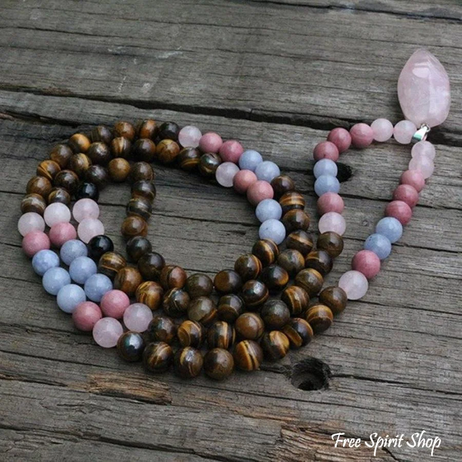 108 Natural Tiger Eye Rose Quartz Rhodonite Mala Bead Necklace - Image 4