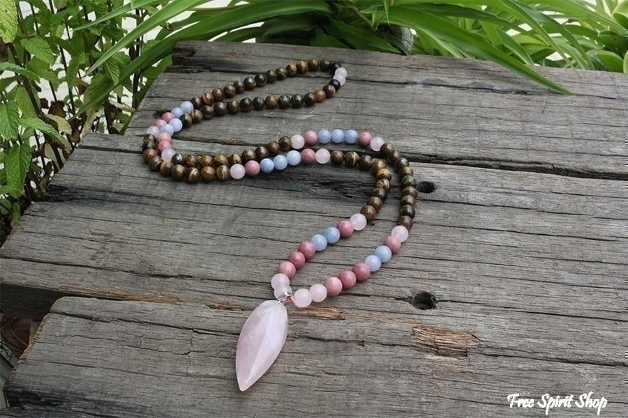 108 Natural Tiger Eye Rose Quartz Rhodonite Mala Bead Necklace - Image 5