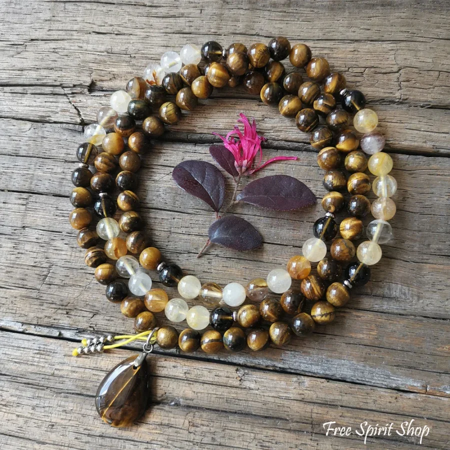 108 Natural Tiger Eye & Yellow Quartz Gemstone Mala Bead Necklace - Image 2