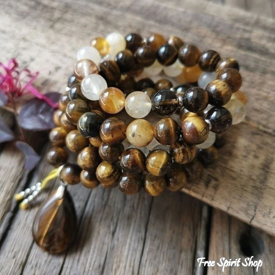 108 Natural Tiger Eye & Yellow Quartz Gemstone Mala Bead Necklace - Image 4