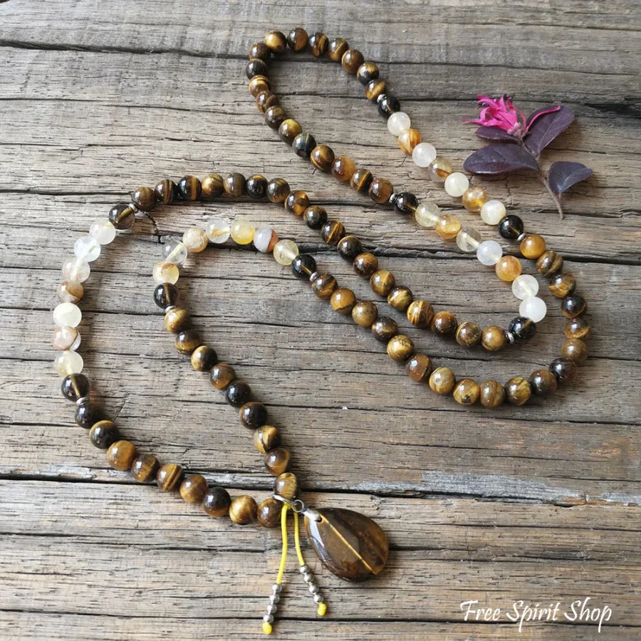 108 Natural Tiger Eye & Yellow Quartz Gemstone Mala Bead Necklace - Image 5