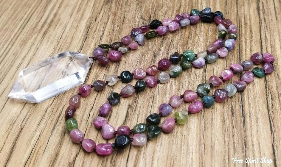 108 Natural Tourmaline Gemstone Mala Bead Necklace With Quartz Pendant - Image 3