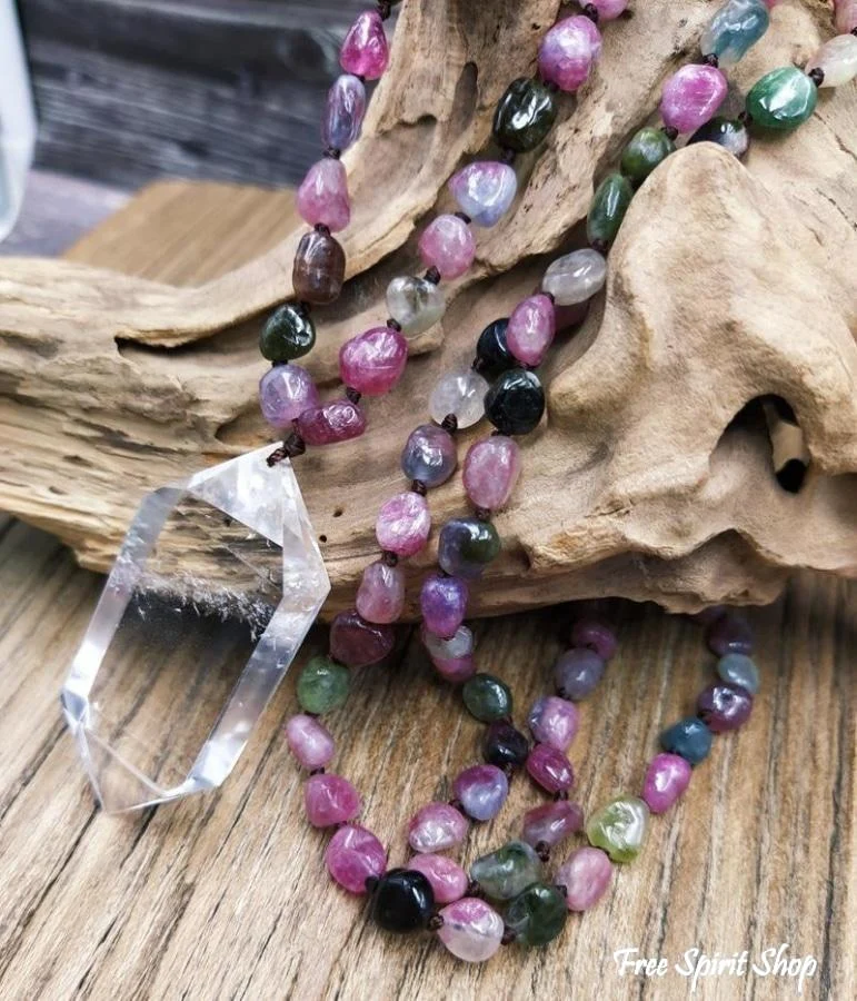 108 Natural Tourmaline Gemstone Mala Bead Necklace With Quartz Pendant - Image 4