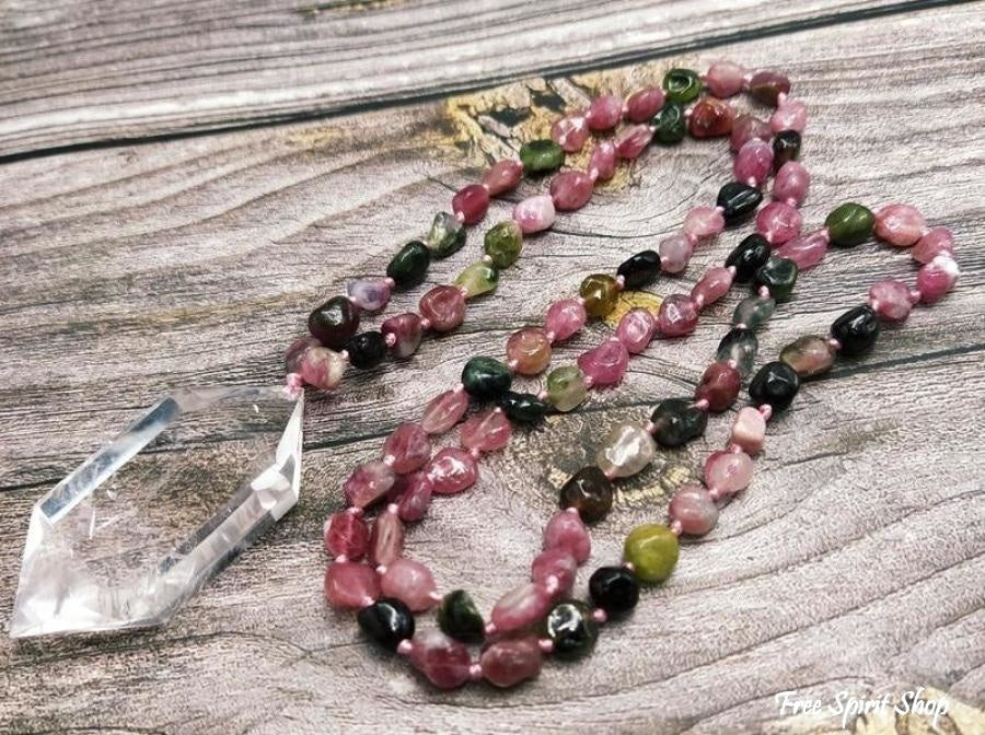 108 Natural Tourmaline Gemstone Mala Bead Necklace With Quartz Pendant - Image 5