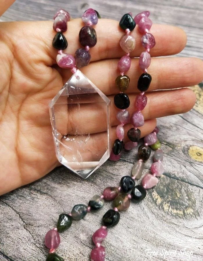 108 Natural Tourmaline Gemstone Mala Bead Necklace With Quartz Pendant - Image 6
