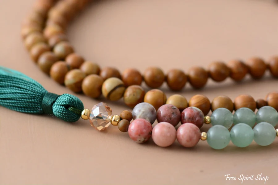 108 Natural Wood Jasper & Pink Jasper Mala Bead Necklace - Image 3