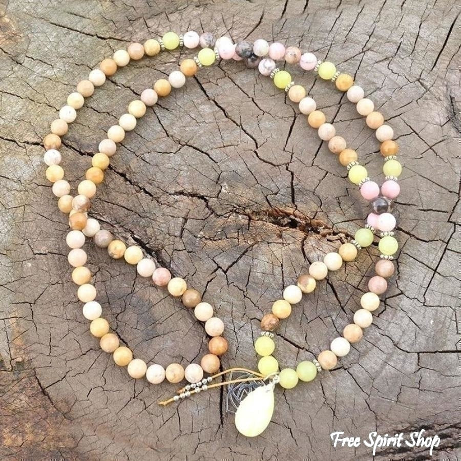 108 Olive Jade Sunstone & Pink Opal Mala Bead Necklace / Bracelet - Image 3