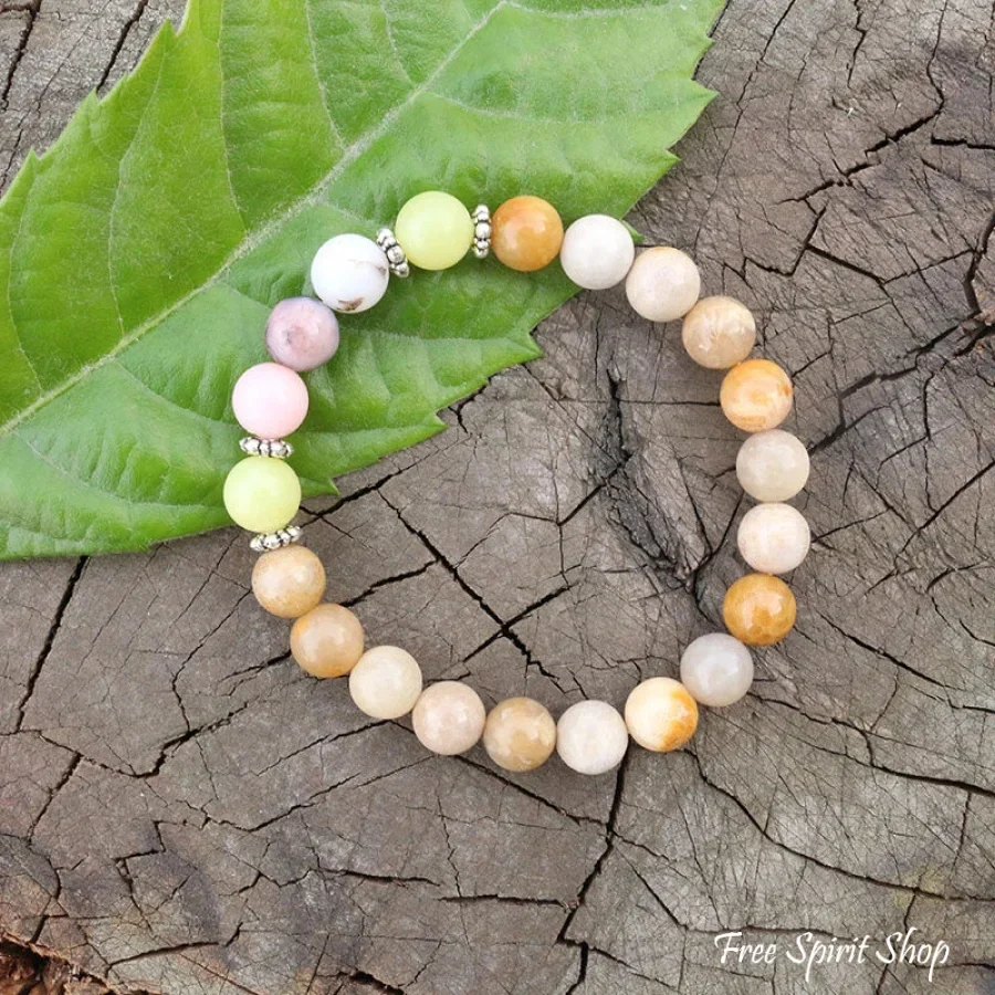 108 Olive Jade Sunstone & Pink Opal Mala Bead Necklace / Bracelet - Image 4