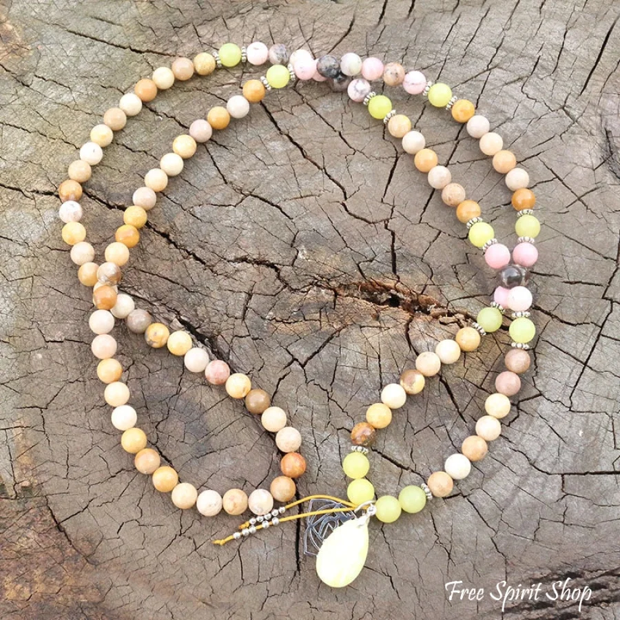 108 Olive Jade Sunstone & Pink Opal Mala Bead Necklace / Bracelet - Image 5
