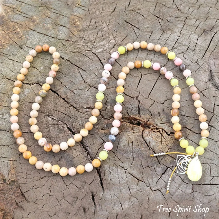 108 Olive Jade Sunstone & Pink Opal Mala Bead Necklace / Bracelet - Image 6