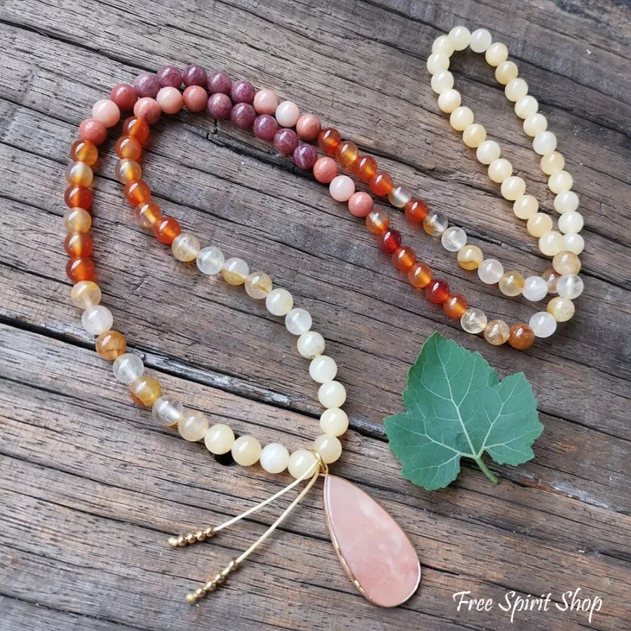 108 Pink Aventurine Carnelian & Yellow Citrine Mala Bead Necklace - Image 4