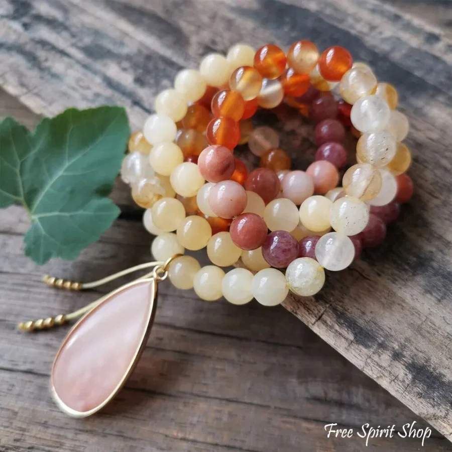 108 Pink Aventurine Carnelian & Yellow Citrine Mala Bead Necklace - Image 5
