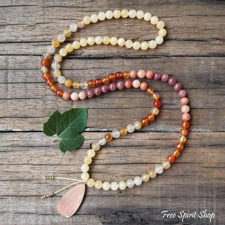 108 Pink Aventurine Carnelian & Yellow Citrine Mala Bead Necklace - Image 6