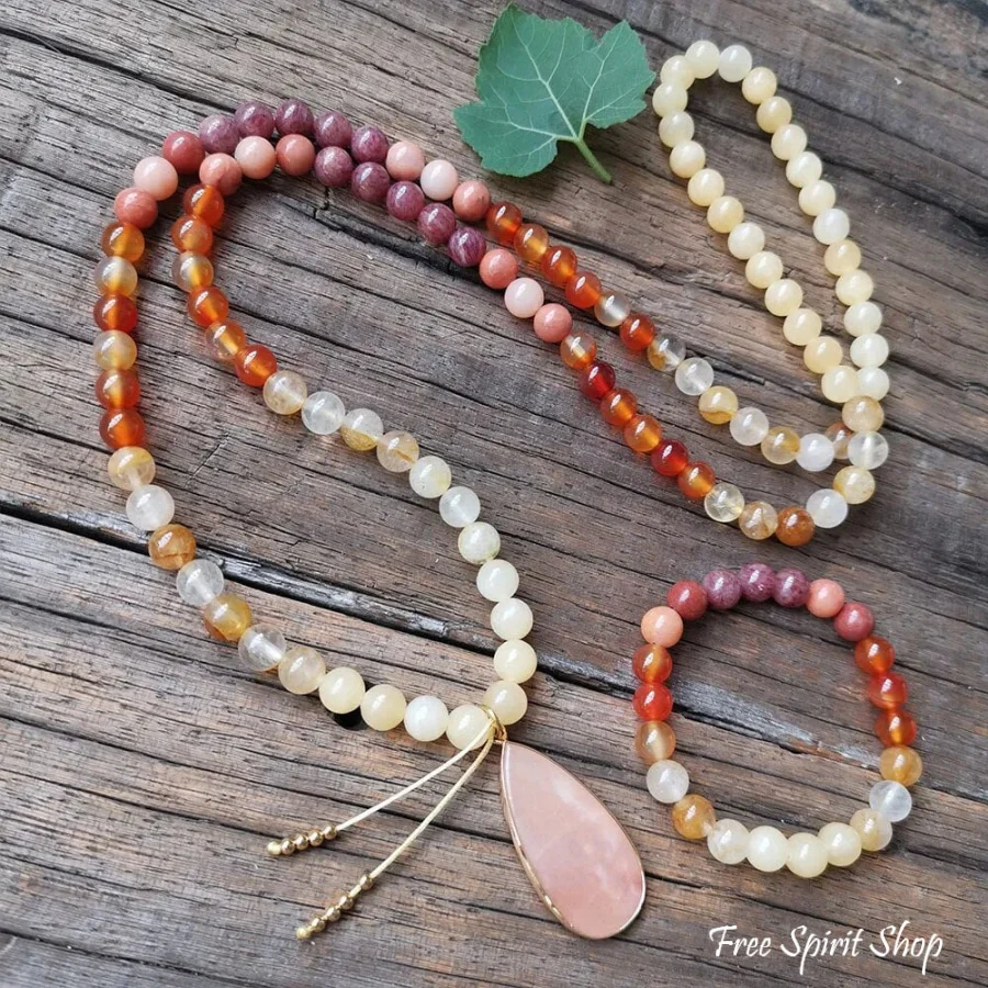 108 Pink Aventurine Carnelian & Yellow Citrine Mala Bead Necklace - Image 9