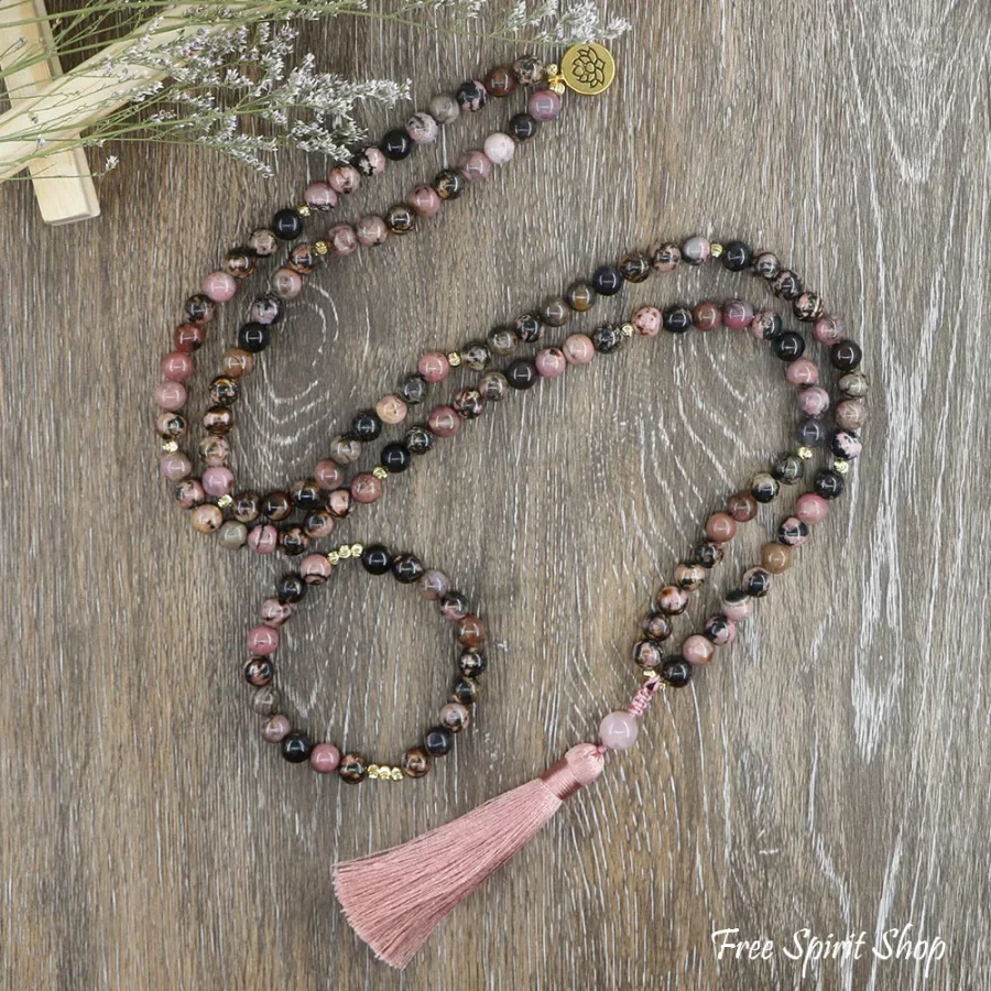 108 Pink & Black Rhodochrosite & Pink Tassel Mala Bead Necklace - Image 3