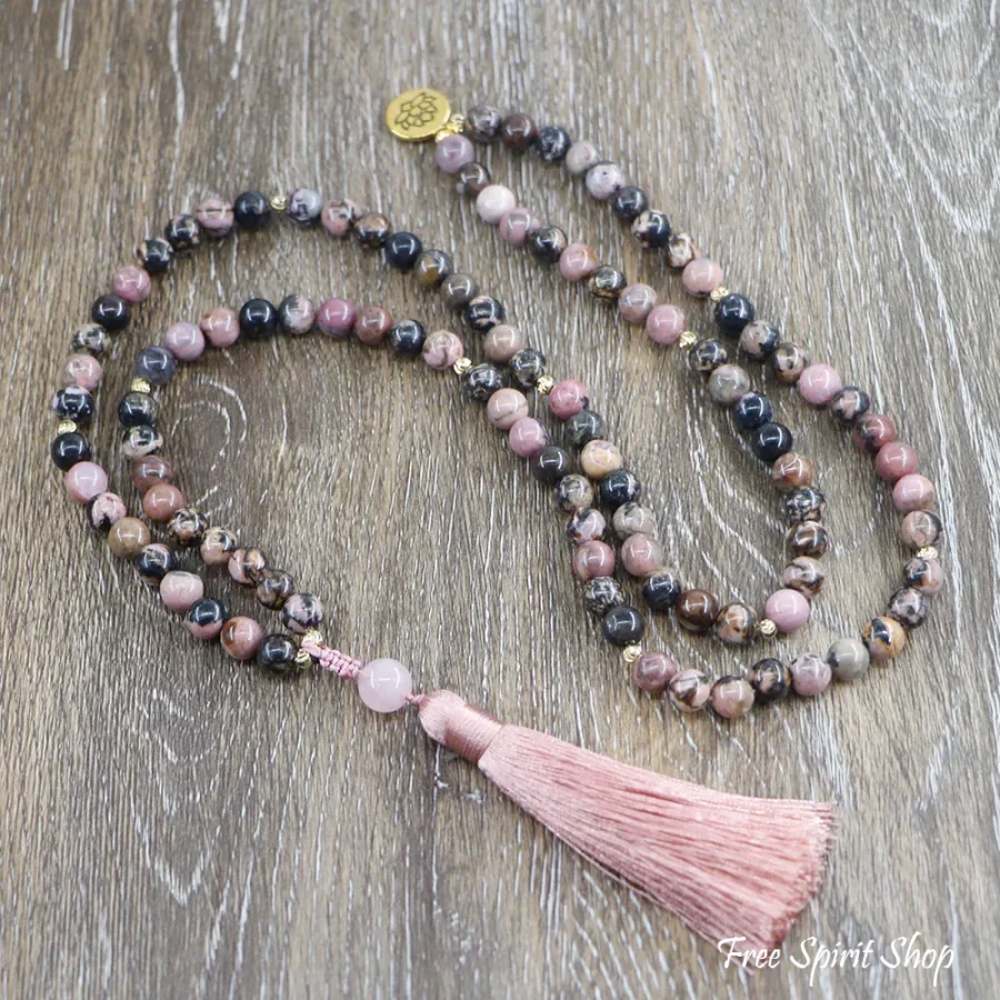 108 Pink & Black Rhodochrosite & Pink Tassel Mala Bead Necklace - Image 4