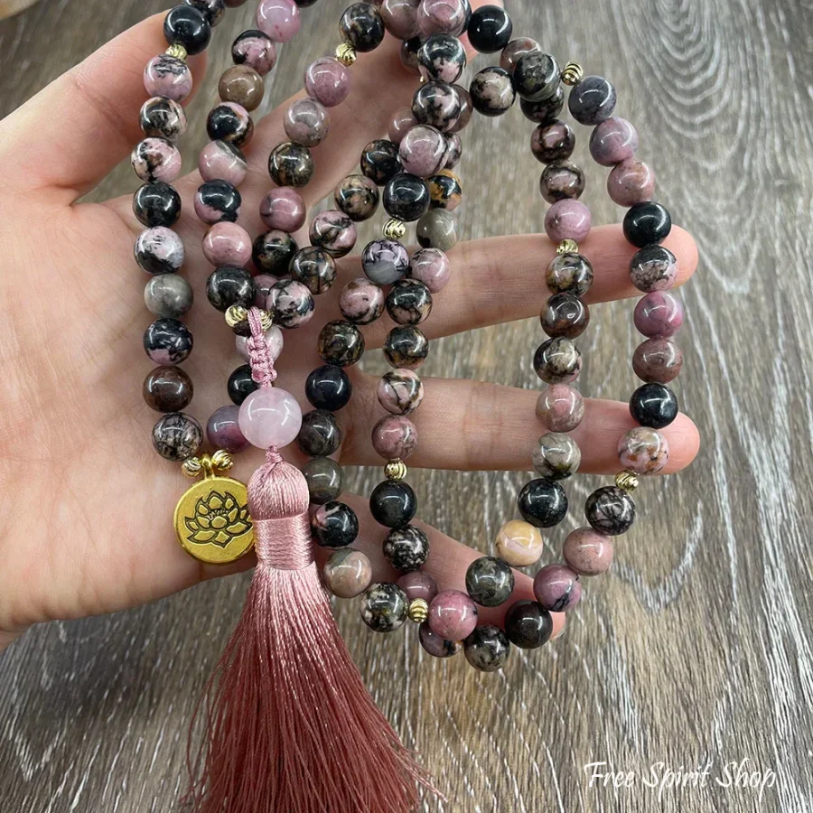 108 Pink & Black Rhodochrosite & Pink Tassel Mala Bead Necklace - Image 5