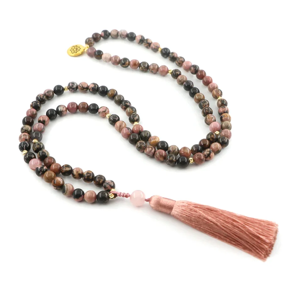108 Pink & Black Rhodochrosite & Pink Tassel Mala Bead Necklace - Image 6