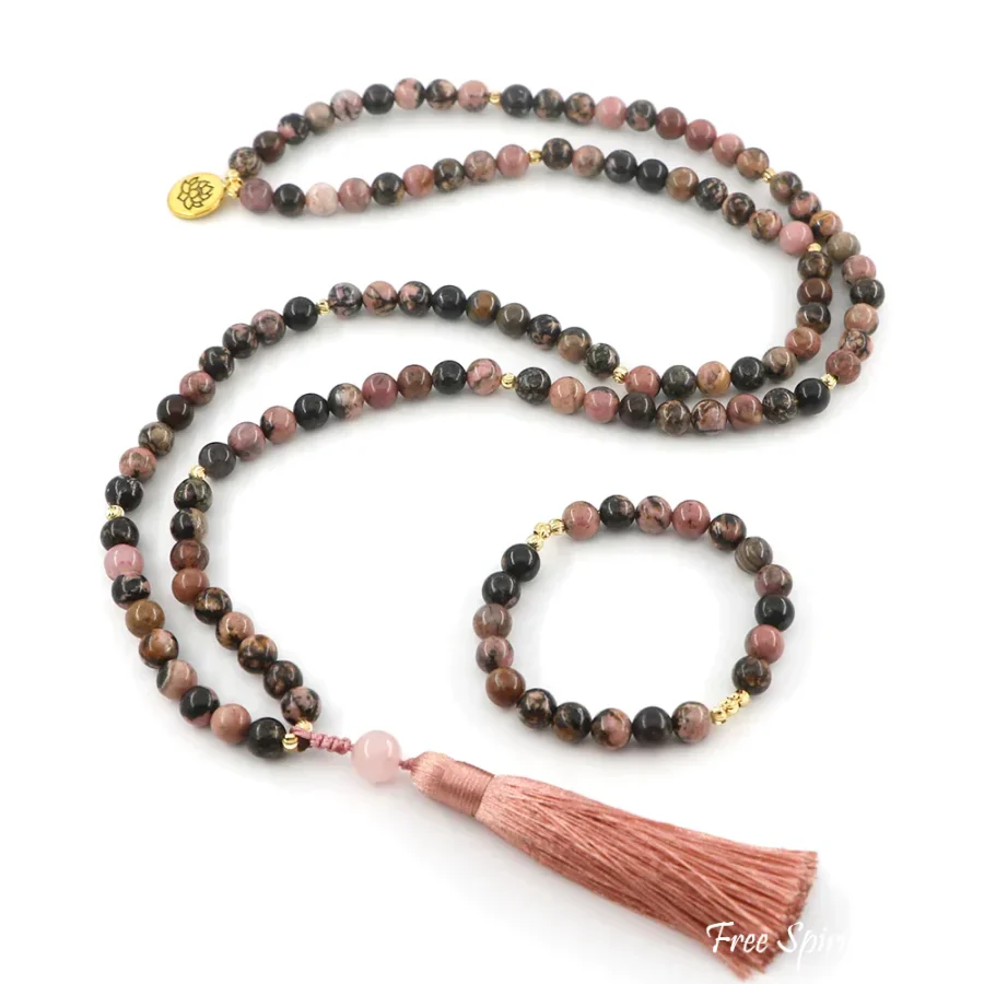 108 Pink & Black Rhodochrosite & Pink Tassel Mala Bead Necklace - Image 7