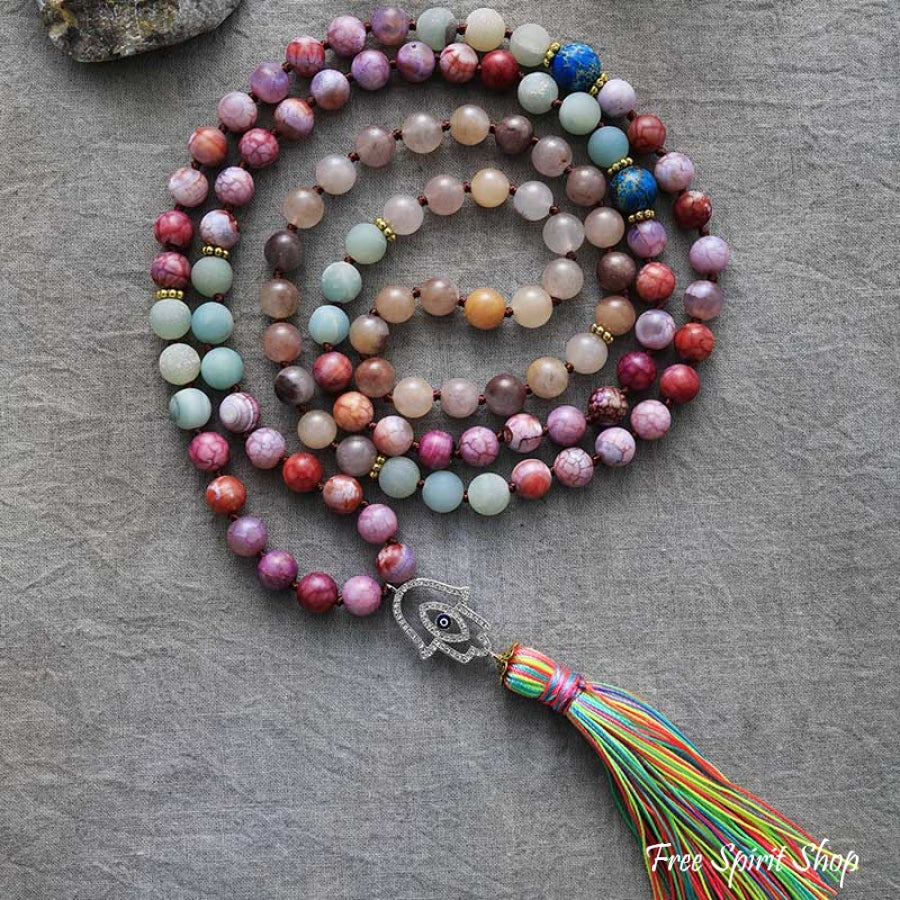 108 Purple Jasper Amazonite & Agate Hamsa Hand Mala Bead Necklace