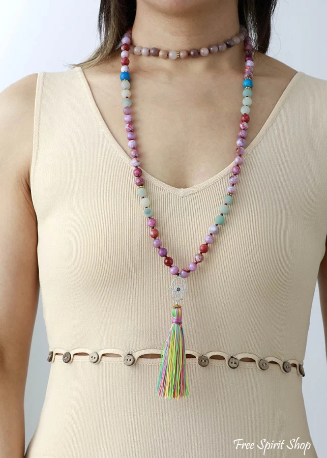 108 Purple Jasper Amazonite & Agate Hamsa Hand Mala Bead Necklace - Image 2