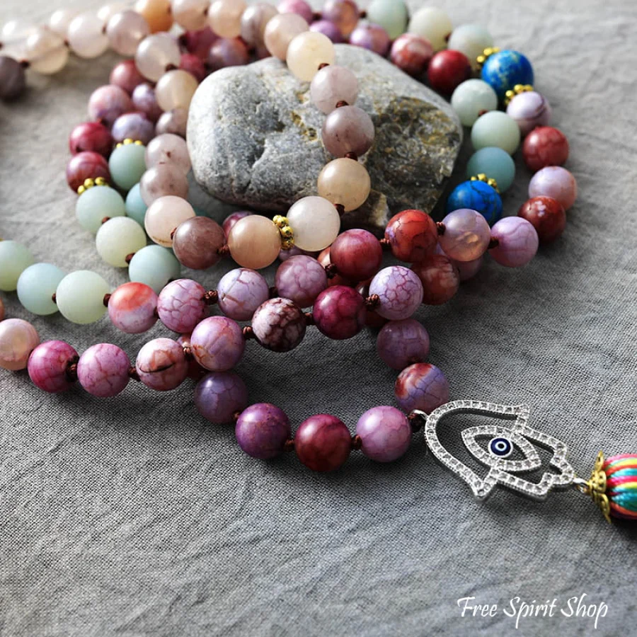 108 Purple Jasper Amazonite & Agate Hamsa Hand Mala Bead Necklace - Image 3