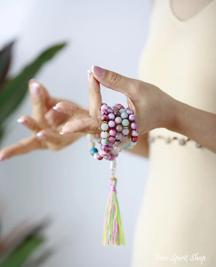108 Purple Jasper Amazonite & Agate Hamsa Hand Mala Bead Necklace - Image 4